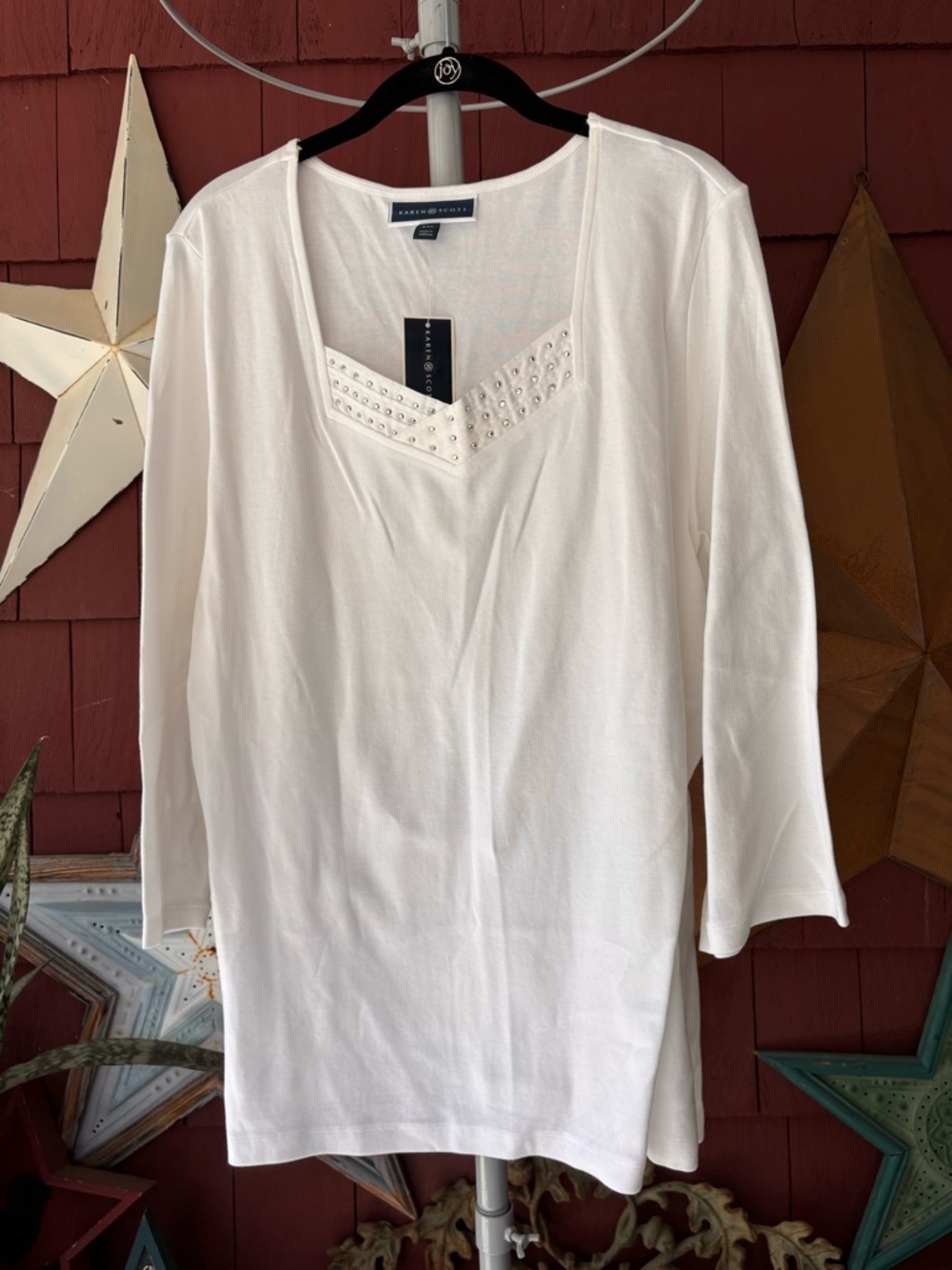NWT Y2K Karen Scott Rhinestones Collar 3/4 Sleeves White Top Women Plus Size XXL